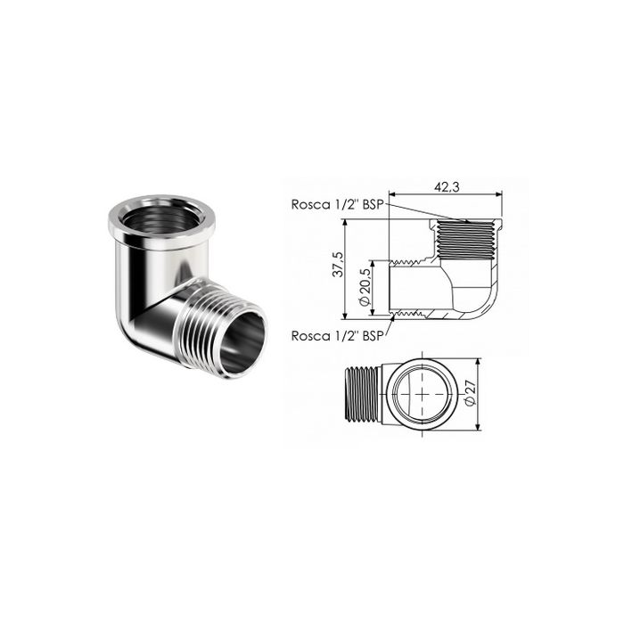 JOELHO 90° LATÃO CROMADO - ROSCÁVEL MXF 1/2"