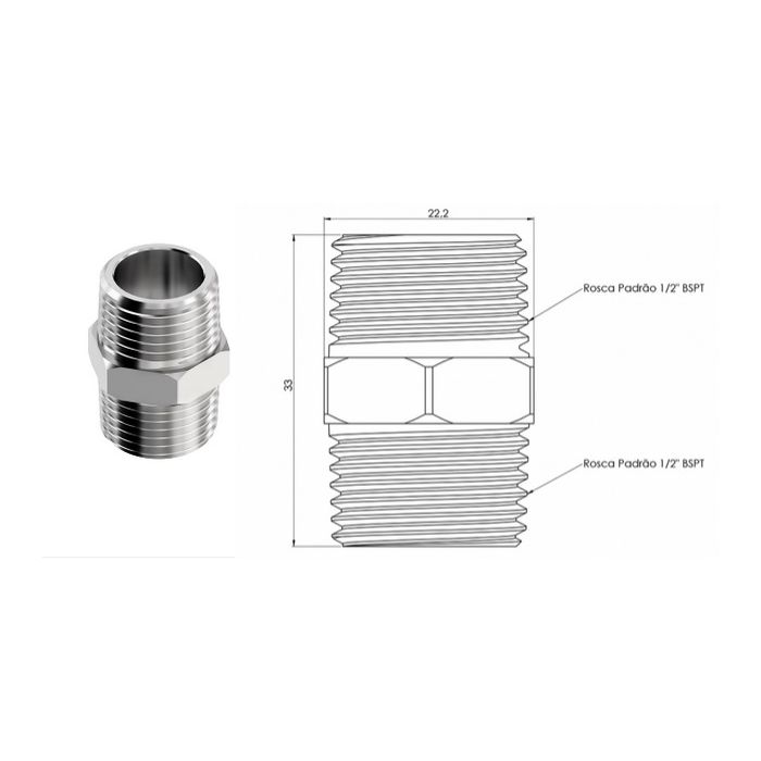 NIPLE DUPLO LATÃO CROMADO - ROSCA 1/2"X1/2"
